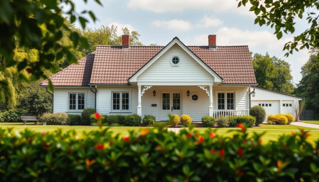 Detailed photograph of a one-story suburban house with a symmetrical gable roof, capturing the classic architectural style of a "dom parterowy z dachem dwuspadowym". The house is situated in a lush, green landscape, with a well-manicured lawn and vibrant foliage in the foreground. The front facade features a central entrance, flanked by large windows, and a prominent roofline that extends over the porch, creating a welcoming and charming appearance. The image is captured with an iPhone 16 Pro Max, showcasing the rich colors, crisp details, and natural lighting that highlight the elegance and simplicity of this traditional Polish home design.
