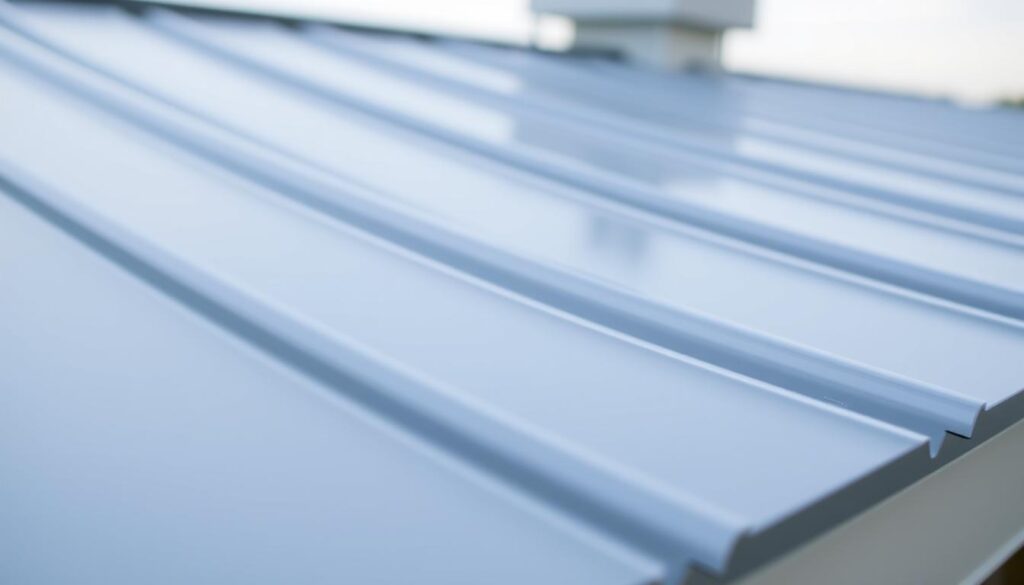 A close-up shot of a modern, sleek metal roof panel with a smooth, reflective surface. The lighting is natural, with soft, diffused illumination highlighting the clean lines and sharp edges of the material. The background is blurred, with a subtle gradient of muted tones, creating a focus on the detailed texture and sheen of the roofing element. The image conveys a sense of precision, durability, and high-quality construction, reflecting the professional and informative nature of the article's section on the cost per square meter of a complete roofing system. A close-up shot of a modern, sleek metal roof panel with a smooth, reflective surface. The lighting is natural, with soft, diffused illumination highlighting the clean lines and sharp edges of the material. The background is blurred, with a subtle gradient of muted tones, creating a focus on the detailed texture and sheen of the roofing element. The image conveys a sense of precision, durability, and high-quality construction, reflecting the professional and informative nature of the article's section on the cost per square meter of a complete roofing system.