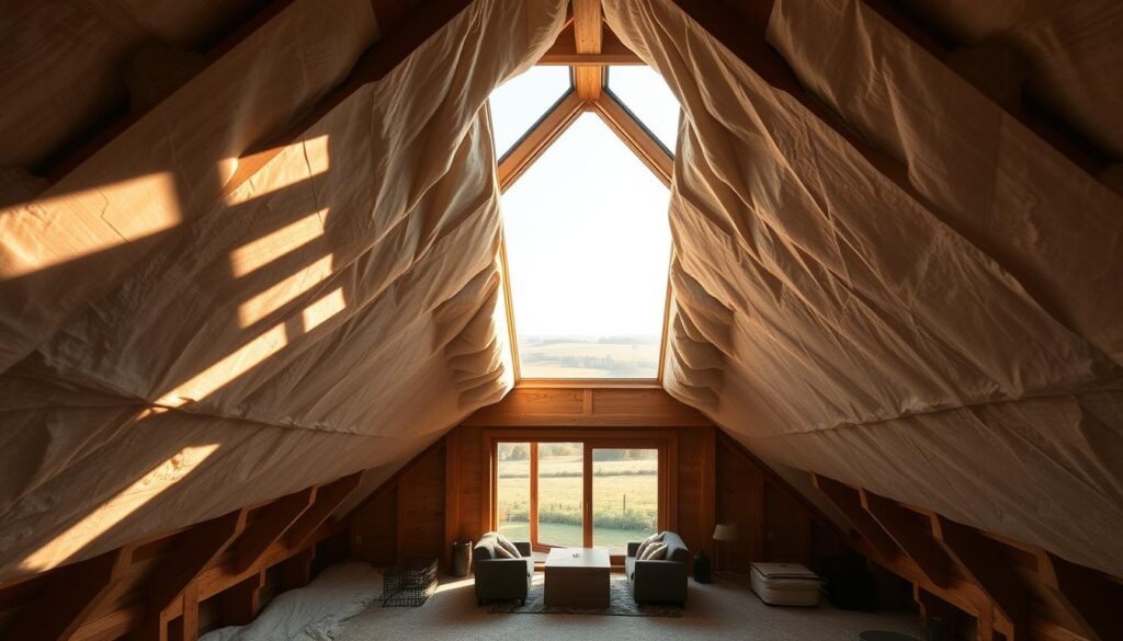 A cozy attic space, bathed in warm, natural light filtering through a large, freshly insulated skylight. The exposed wooden beams cast intricate shadows, creating a sense of depth and texture. In the foreground, a well-insulated roof structure showcases the benefits of proper thermal protection, with sleek, seamless insulation panels snugly in place. The middle ground reveals a partially furnished, inviting living area, hinting at the comfortable, energy-efficient living conditions achieved through effective roof insulation. The background showcases a picturesque countryside view, emphasizing the harmonious integration of the upgraded, energy-efficient roof with the surrounding natural landscape. An iPhone 16 Pro Max captures this scene, conveying the importance and visual appeal of properly insulating a roof and attic space.