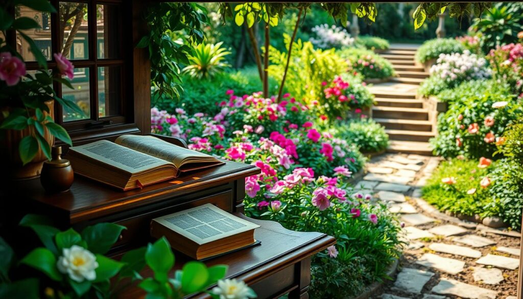 A cozy study nook in the enchanting Secret Garden, illuminated by natural light filtering through the lush foliage. In the foreground, an antique wooden desk with a stack of books and a quill and ink set, ready for a studious quiz on the beloved novel. The middle ground showcases verdant garden beds overflowing with vibrant flowers, their petals dancing in a gentle breeze. In the background, a glimpse of a winding stone path leading deeper into the secluded paradise. The atmosphere is one of tranquility and intellectual curiosity, perfectly suited for preparing for a test on the timeless tale of "The Secret Garden".