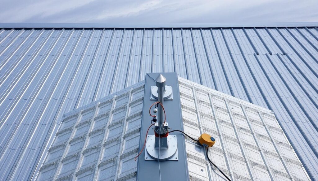A high-angle view of a metal roof featuring a lightning rod installation system. The roof is covered in interlocking steel panels, their metallic sheen catching the sun's rays. In the foreground, a sturdy lightning rod protrudes from the rooftop, its pointed tip reaching skyward to safeguard the structure below. Surrounding the rod, a network of grounding cables and conductive elements seamlessly integrate with the roofing material, forming a comprehensive lightning protection system. The middle ground showcases the roof's sleek, utilitarian design, while the background reveals a serene, overcast sky, emphasizing the importance of this safety-focused installation. A high-angle view of a metal roof featuring a lightning rod installation system. The roof is covered in interlocking steel panels, their metallic sheen catching the sun's rays. In the foreground, a sturdy lightning rod protrudes from the rooftop, its pointed tip reaching skyward to safeguard the structure below. Surrounding the rod, a network of grounding cables and conductive elements seamlessly integrate with the roofing material, forming a comprehensive lightning protection system. The middle ground showcases the roof's sleek, utilitarian design, while the background reveals a serene, overcast sky, emphasizing the importance of this safety-focused installation.