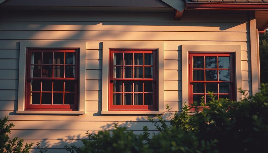 A minimalist, stylized photograph of a picturesque suburban house, its windows framed in a variety of muted, earthy tones - warm browns, cool grays, and rich reds. The image is shot from a low angle, highlighting the windows as the focal point, casting gentle shadows and reflections that add depth and atmosphere. The lighting is soft and diffused, evoking a sense of tranquility and timeless charm. The house is situated amidst lush greenery, hinting at the harmonious integration of the built environment with its natural surroundings. The overall composition emphasizes the significance of window color in the cohesive design of a residential property.