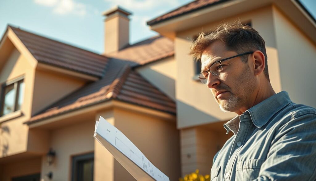 A real estate agent examines the roof of a modern two-story house, inspecting the tiles and assessing the need for repairs. Sunlight casts warm shadows across the facade, creating a sense of depth and atmosphere. The agent's expression is one of thoughtful consideration as they evaluate the extent of the necessary work. The image captures the moment when the decision is made - is a permit required for this roofing renovation? The composition emphasizes the importance of this administrative step in the home improvement process.
