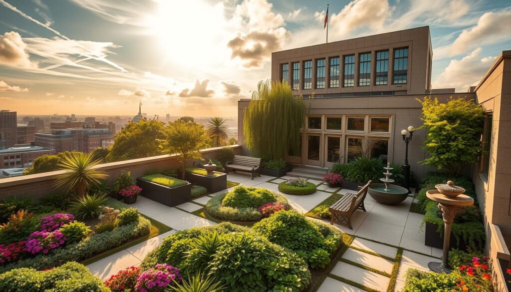A rooftop oasis atop the stately university library, lush with verdant foliage and vibrant blooms. Sunlight filters through wispy clouds, casting a warm, golden glow across the serene garden sanctuary. Manicured pathways wind through a tapestry of carefully curated plant life, inviting visitors to pause and savor the tranquil atmosphere. Sleek, modern benches offer respite, while artfully arranged sculptures and fountains add a touch of refined elegance. The library's stately facade provides a dramatic backdrop, seamlessly blending the natural and architectural elements. Captured with the clarity and dynamic range of a high-end iPhone 16 Pro Max, this image conveys the enchanting essence of this rooftop oasis. A rooftop oasis atop the stately university library, lush with verdant foliage and vibrant blooms. Sunlight filters through wispy clouds, casting a warm, golden glow across the serene garden sanctuary. Manicured pathways wind through a tapestry of carefully curated plant life, inviting visitors to pause and savor the tranquil atmosphere. Sleek, modern benches offer respite, while artfully arranged sculptures and fountains add a touch of refined elegance. The library's stately facade provides a dramatic backdrop, seamlessly blending the natural and architectural elements. Captured with the clarity and dynamic range of a high-end iPhone 16 Pro Max, this image conveys the enchanting essence of this rooftop oasis.