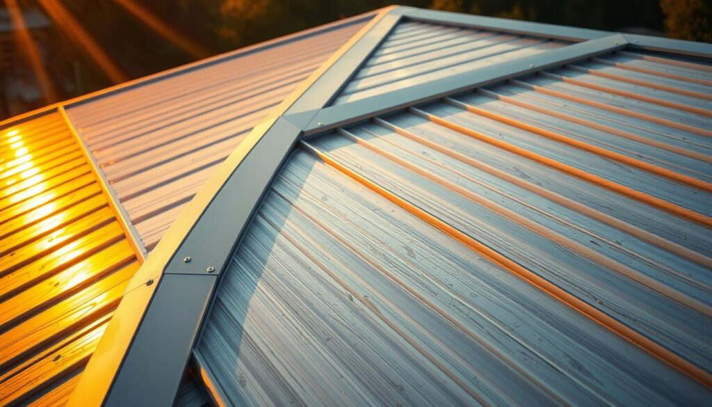 A sleek, modern roof made of galvanized metal sheets, bathed in warm, golden sunlight. The surface is smooth and reflective, with subtle variations in the metal's texture creating a captivating visual rhythm. The roof slopes gently, casting dramatic shadows that accentuate its architectural form. The lighting is crisp and natural, highlighting the durability and resilience of the material. The surrounding environment is blurred, allowing the focus to remain solely on the beauty and practicality of this versatile roofing solution. A sleek, modern roof made of galvanized metal sheets, bathed in warm, golden sunlight. The surface is smooth and reflective, with subtle variations in the metal's texture creating a captivating visual rhythm. The roof slopes gently, casting dramatic shadows that accentuate its architectural form. The lighting is crisp and natural, highlighting the durability and resilience of the material. The surrounding environment is blurred, allowing the focus to remain solely on the beauty and practicality of this versatile roofing solution.