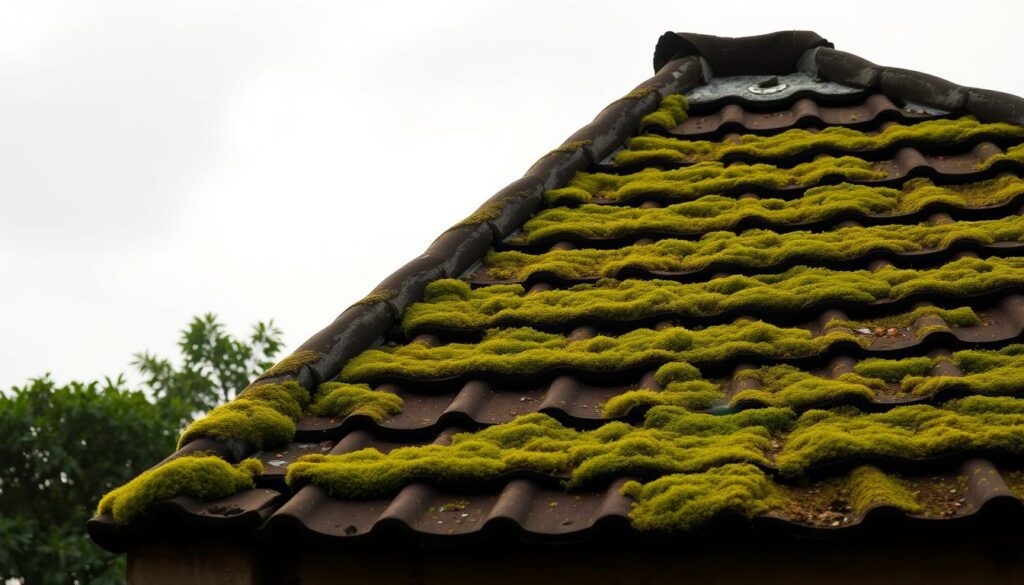 A weathered, moss-covered roof against a hazy, overcast sky. The texture of the old tiles is visible, with verdant patches of vibrant green moss clinging to their surfaces. Sunlight filters through the clouds, casting a warm, golden glow over the scene. The roof's angles and slopes create a sense of depth, while the surrounding foliage provides a natural backdrop. The image captures the gradual encroachment of nature on the built environment, underscoring the need for maintenance and preservation.