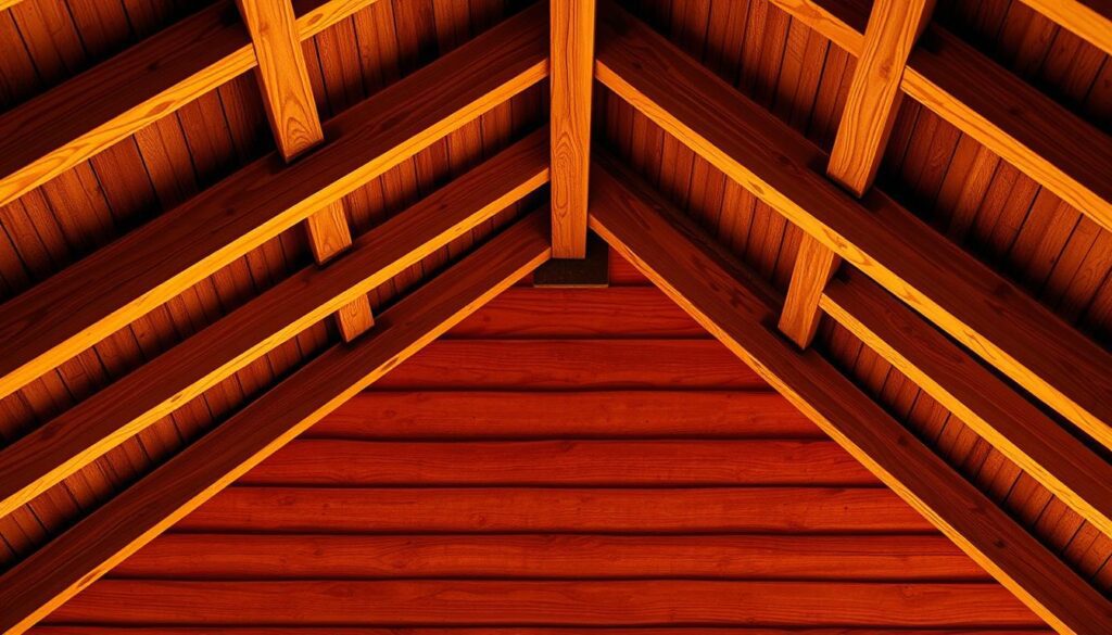 A well-lit, crisp photograph taken with an iPhone 16 Pro Max showcasing the spacing and arrangement of roof rafters, or "krokwie," on a traditional two-slope, or "dwuspadowy," roof. The image captures the precise and uniform placement of the rafters, highlighting the essential details that determine the roof's structural integrity and aesthetic appeal. The scene is bathed in warm, natural lighting, emphasizing the wood grain and subtle shadows that accentuate the angles and spacing of the rafters. The perspective is slightly angled, providing a clear, unobstructed view of the roof's interior framework, allowing the viewer to fully appreciate the fundamental elements that constitute the "co ile krokwie" - the core subject of this image.