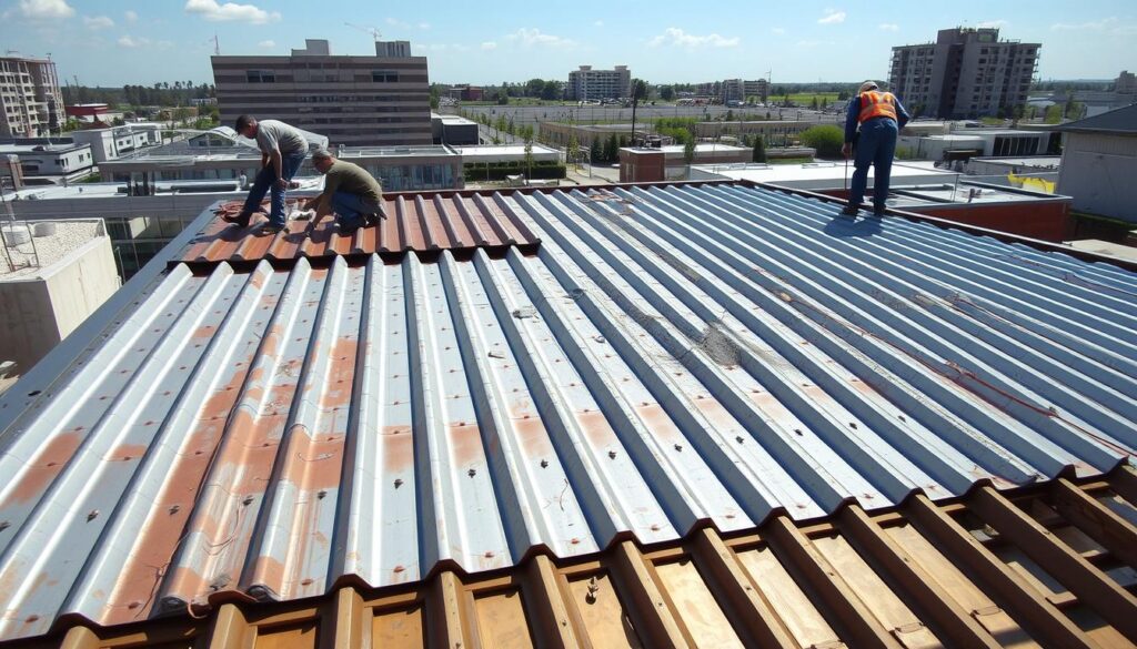 A well-lit, high-quality image of a roof undergoing the installation of trapezoidal metal sheeting. The scene depicts the foreground with workers carefully positioning and securing the metal panels, revealing the underlying roof structure. The middle ground showcases the partially completed roof, with the trapezoidal pattern emerging. In the background, a clear sky and surrounding buildings provide context. The lighting is natural and evenly distributed, capturing the details of the materials and the workers' actions. The perspective is slightly elevated, offering an informative view of the entire process. The mood is one of organized, professional construction, reflecting the technical nature of the task. A well-lit, high-quality image of a roof undergoing the installation of trapezoidal metal sheeting. The scene depicts the foreground with workers carefully positioning and securing the metal panels, revealing the underlying roof structure. The middle ground showcases the partially completed roof, with the trapezoidal pattern emerging. In the background, a clear sky and surrounding buildings provide context. The lighting is natural and evenly distributed, capturing the details of the materials and the workers' actions. The perspective is slightly elevated, offering an informative view of the entire process. The mood is one of organized, professional construction, reflecting the technical nature of the task.