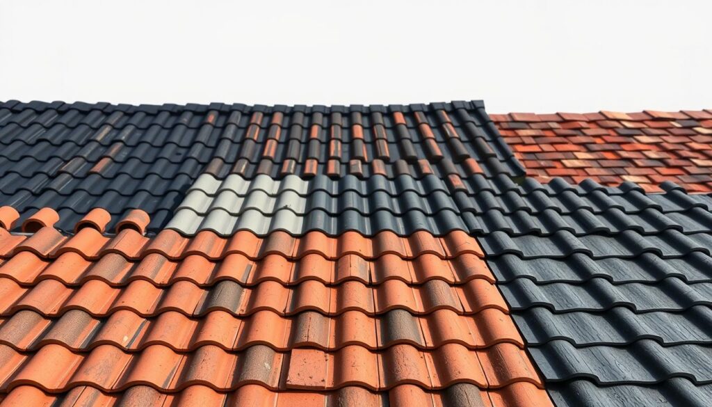 A well-lit, high-resolution photograph taken with an iPhone 16 Pro Max, showcasing an array of roofing materials against a clean, minimalist backdrop. In the foreground, an assortment of traditional roofing tiles, including clay, concrete, and slate, are displayed with meticulous attention to detail. The middle ground features various types of metal roofing, such as corrugated sheets and standing seam panels, each reflecting the light differently. In the background, a selection of asphalt shingles and wooden shakes or shingles are presented, highlighting the diverse options available for covering a roof. The overall composition conveys a sense of informative curation, guiding the viewer through the different roofing materials and their unique characteristics. A well-lit, high-resolution photograph taken with an iPhone 16 Pro Max, showcasing an array of roofing materials against a clean, minimalist backdrop. In the foreground, an assortment of traditional roofing tiles, including clay, concrete, and slate, are displayed with meticulous attention to detail. The middle ground features various types of metal roofing, such as corrugated sheets and standing seam panels, each reflecting the light differently. In the background, a selection of asphalt shingles and wooden shakes or shingles are presented, highlighting the diverse options available for covering a roof. The overall composition conveys a sense of informative curation, guiding the viewer through the different roofing materials and their unique characteristics.