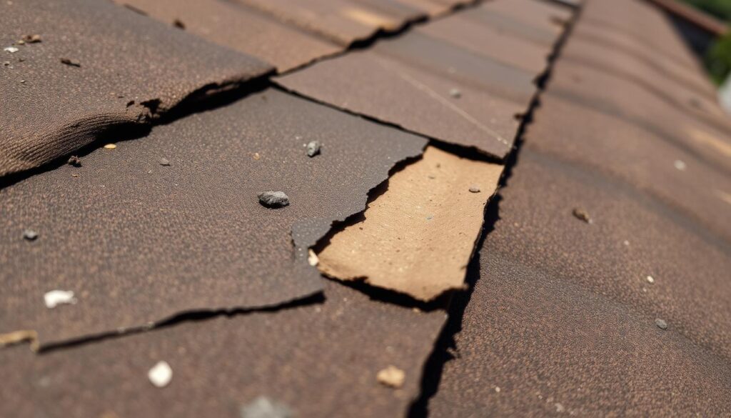 Close-up photograph of a damaged roof made of tar paper, shot with an iPhone 16 Pro Max. The image shows a section of the roof with visible tears, cracks, and weathering. The foreground focuses on the damaged areas, highlighting the deterioration of the tar paper and the need for repair. The middle ground provides context, showing the overall layout and texture of the roof. The background is slightly blurred, creating a sense of depth and emphasizing the subject. The lighting is natural, casting shadows that accentuate the damage. The overall mood is one of assessment and the need for maintenance.