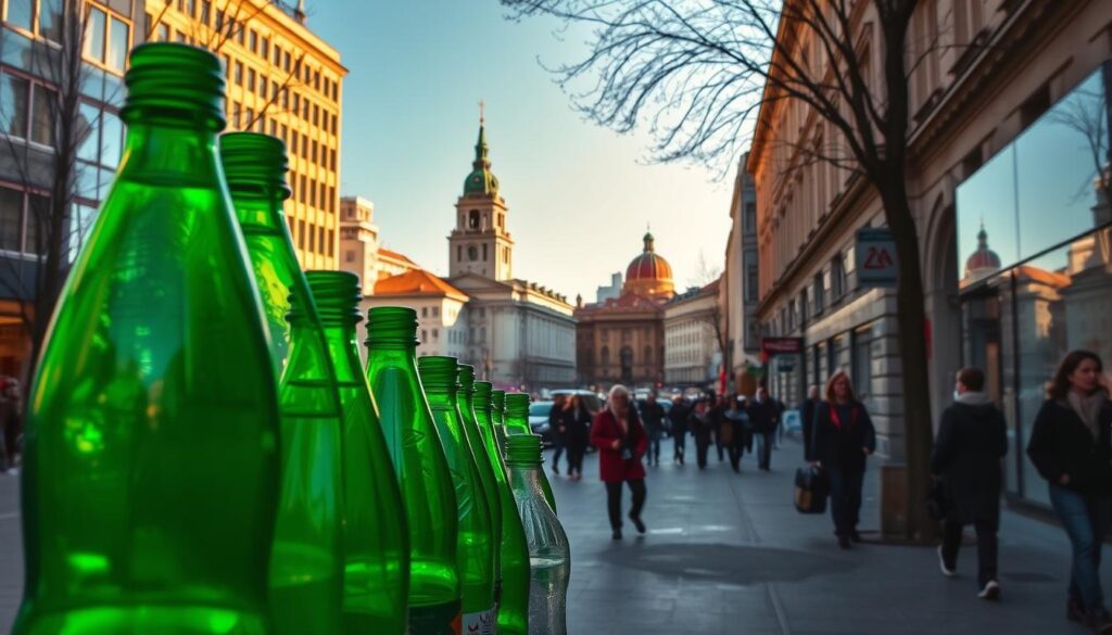 A bustling city street in Warsaw, Poland, illuminated by the warm glow of October sunlight. In the foreground, a row of plastic beverage bottles stand prominently, their vibrant colors catching the eye. The middle ground showcases a mix of modern architecture and historic buildings, reflecting the city's evolving landscape. In the background, a crowd of pedestrians navigates the sidewalks, engaged in their daily routines. The scene conveys a sense of anticipation, as the new bottle deposit system is about to be implemented, ushering in a more sustainable future for the city. The image is captured with an iPhone 16 Pro Max, its advanced lens and sensor technology rendering the scene with exceptional clarity and detail.