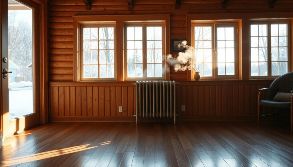A cozy home interior, bathed in warm, natural light filtering through energy-efficient windows. The walls, meticulously insulated, retain heat, creating a comfortable and inviting atmosphere. Wisps of steam rise from a radiator, signaling the efficient heating system at work. The hardwood floors gleam, reflecting the room's harmonious design. Outside, the cold winter landscape is visible through the windows, a stark contrast to the well-insulated, cost-effective living space within. This realistic scene, captured by an iPhone 16 Pro Max, illustrates the profound impact of thermal insulation on heating costs and overall energy efficiency.