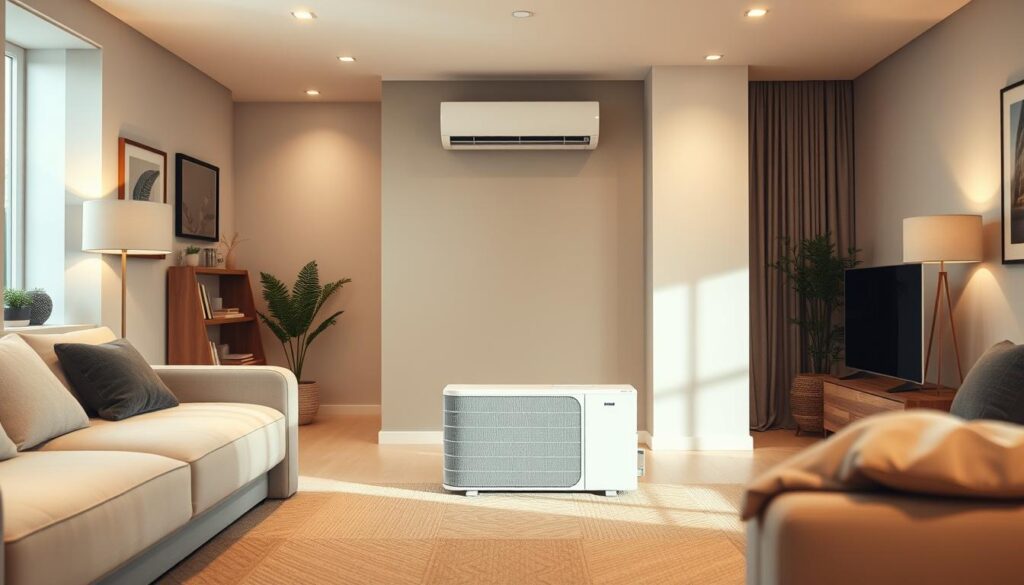 A cozy, well-lit interior of a modern apartment, the focal point being a sleek, minimalist heat pump standing prominently in the center of the frame. The walls are adorned with neutral-toned decor, creating a calm and inviting atmosphere. Soft, diffused lighting from overhead fixtures casts a warm glow throughout the space, highlighting the clean lines and minimalist design of the heat pump. The scene is captured from a slightly elevated angle, giving the viewer a comprehensive perspective of the room and the heat pump's integration within the space. The overall aesthetic conveys a sense of energy efficiency, comfort, and a stylish, contemporary living environment.