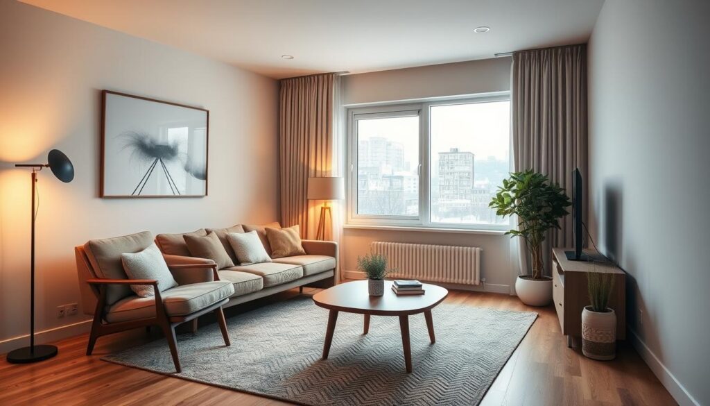 A modern apartment interior with a cozy living room. Warm lighting illuminates a mid-century inspired sofa, armchair, and coffee table. On the wall, a large window offers a view of a snowy cityscape. Subtle hints of greenery and natural materials create a welcoming atmosphere. The room's layout and furnishings suggest a comfortable, middle-class home. The scene conveys a sense of contemplation, as the occupant ponders the true cost of heating this 65 m² space in the coming year.