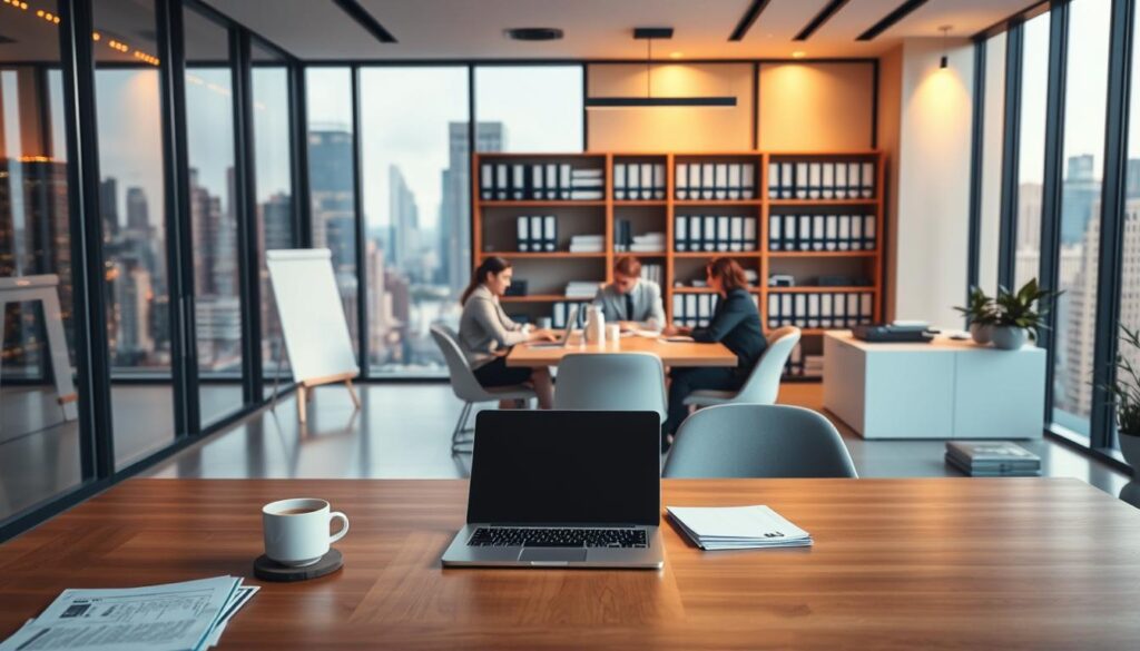 A modern office interior with sleek, minimalist design. In the foreground, a large wooden desk with a laptop, papers, and a cup of coffee. Behind it, floor-to-ceiling windows offer a view of a bustling city skyline. The middle ground features a team of professionals, dressed in business attire, collaborating around a conference table. Warm, indirect lighting creates a productive and collaborative atmosphere. In the background, shelves filled with accounting records, folders, and other business materials. The overall scene conveys the expertise and versatility of Anmaz's accounting, HR, and marketing services.