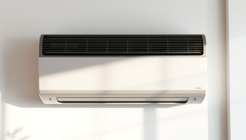 A modern, sleek heat pump system against a minimalist interior backdrop. Showcasing its clean, streamlined design with attention to detail - smooth metallic housing, compact dimensions, and discreet wall-mounted installation. Soft, natural lighting illuminates the scene, emphasizing the technological sophistication. The heat pump is presented as an efficient, high-performance heating solution, complementing the contemporary, energy-efficient living space. Captured with a professional iPhone 16 Pro Max camera, the image conveys the practical and aesthetic advantages of this heating technology.