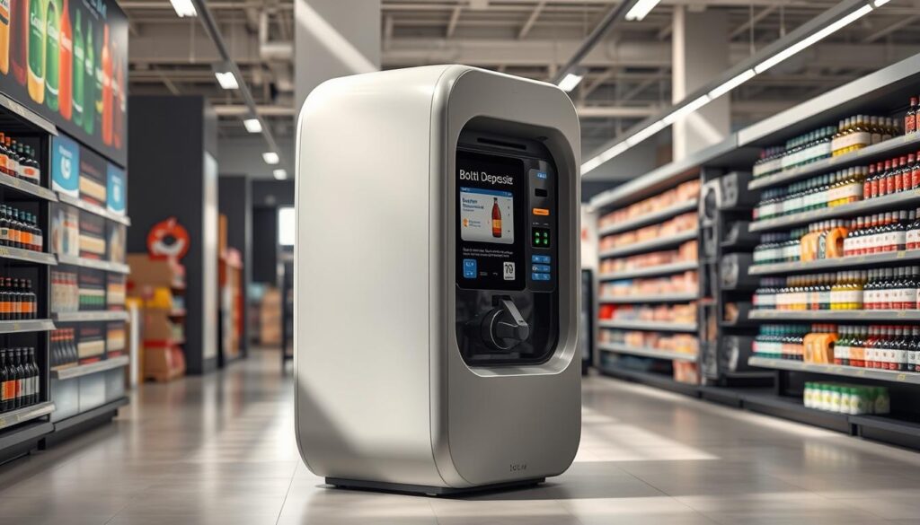 A sleek and modern bottle deposit machine stands prominently in a well-lit retail environment. The device features a smooth, curved exterior in a neutral color palette, seamlessly blending into the store's aesthetic. Precise details, such as the deposit slot, display screen, and intuitive control panel, are rendered with photorealistic precision. The machine is positioned at eye level, inviting customers to interact with it. Soft, directional lighting casts subtle shadows, emphasizing the machine's clean design and high-quality construction. The overall scene conveys a sense of efficiency and environmental responsibility, reflecting the importance of the bottle deposit system in Poland's evolving retail landscape. A sleek and modern bottle deposit machine stands prominently in a well-lit retail environment. The device features a smooth, curved exterior in a neutral color palette, seamlessly blending into the store's aesthetic. Precise details, such as the deposit slot, display screen, and intuitive control panel, are rendered with photorealistic precision. The machine is positioned at eye level, inviting customers to interact with it. Soft, directional lighting casts subtle shadows, emphasizing the machine's clean design and high-quality construction. The overall scene conveys a sense of efficiency and environmental responsibility, reflecting the importance of the bottle deposit system in Poland's evolving retail landscape.