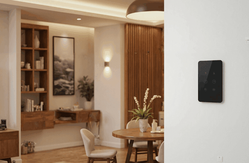 Nowoczesny włącznik dotykowy LED na ścianie w eleganckim salonie, sterowanie oświetleniem w inteligentnym domu.