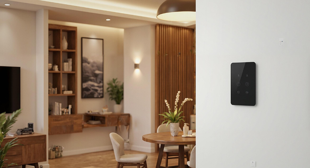 Nowoczesny włącznik dotykowy LED na ścianie w eleganckim salonie, sterowanie oświetleniem w inteligentnym domu.