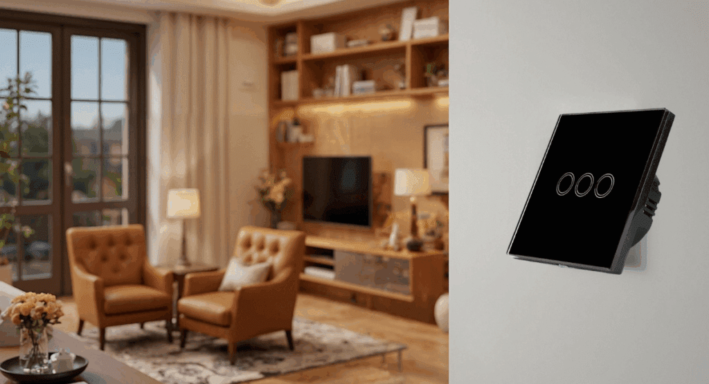 Czarny panel dotykowy LED do włączania światła, zamontowany w stylowym wnętrzu z jasnymi meblami i telewizorem.
