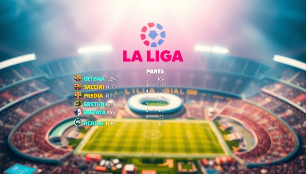 A captivating aerial shot of the Spanish La Liga football league's standings, captured through the lens of an iPhone 16 Pro Max. The vivid foreground features a detailed data visualization, showcasing the current rankings of the top teams in bold, colorful typography. The middle ground depicts the iconic stadiums and cities associated with the league, rendered in a cinematic, realistic style. The background subtly blends the vibrant colors of the league's branding, creating a dynamic and visually striking composition. The lighting is natural and diffused, lending a sense of authenticity to the scene. The overall mood is one of excitement and anticipation, reflecting the passion and intensity of the Spanish top-flight football competition.