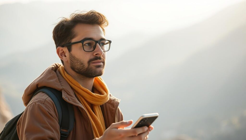 A solo traveler navigating the digital landscape, centered in the frame with a thoughtful expression. Warm, natural lighting casts a soft glow, captured with an iPhone 16 Pro Max's high-resolution lens. The background blurs into a minimalist, abstract pattern, placing the focus on the individual. The scene conveys a sense of introspection and exploration, embodying the essence of "e podróżnik" - a modern, tech-savvy explorer charting their own path through the digital world.