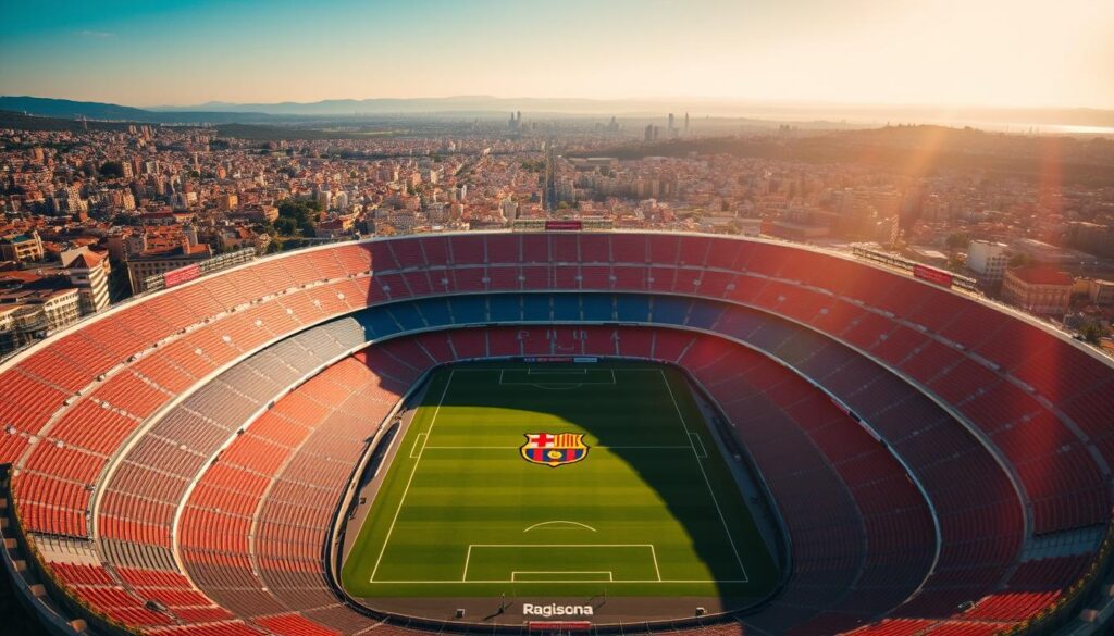 A stunning aerial vista of Camp Nou, the legendary home stadium of FC Barcelona, basking in the warm Mediterranean sunlight. In the foreground, the iconic Barcelona crest and the team's vivid red and blue colors take center stage, evoking the rich history and tradition of this esteemed football club. The middle ground features the manicured pitch, where generations of Barcelona legends have graced the field, weaving their magic and captivating the passionate fans. In the background, the city of Barcelona sprawls, with its distinctive architecture and vibrant urban landscape providing a fitting backdrop to this historic institution. The scene is captured with the clarity and depth of field characteristic of a high-quality iPhone 16 Pro Max camera, inviting the viewer to immerse themselves in the legacy and evolution of FC Barcelona.