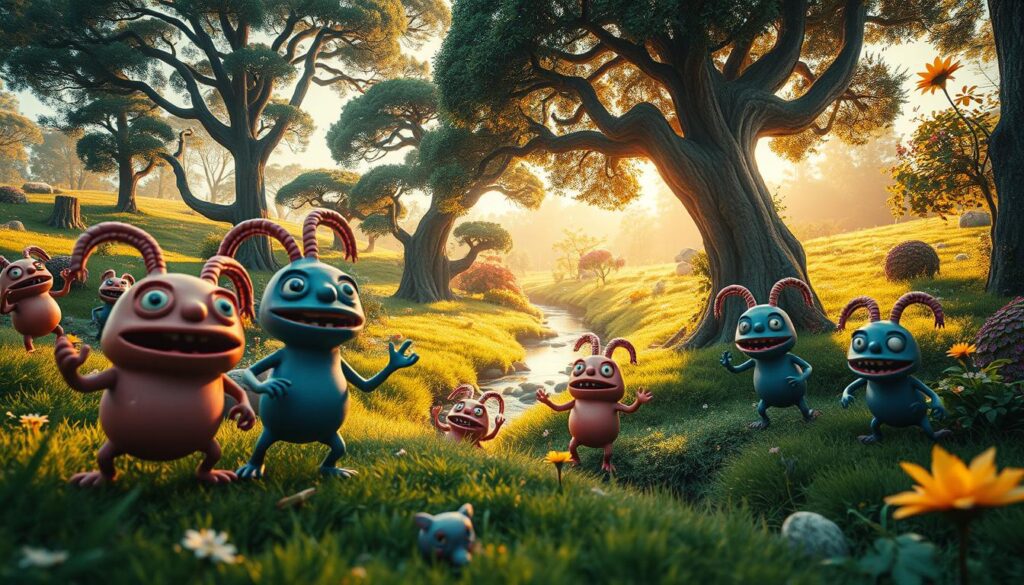 A whimsical, colorful scene of mysterious "kokołaje" creatures frolicking in a lush, vibrant natural setting. The foreground features a group of quirky, cartoon-like figures with bulbous bodies, oversized heads, and playful expressions, captured in a dynamic, action-packed pose. The middle ground showcases a verdant, almost magical landscape, with towering trees, colorful flora, and a tranquil stream winding through. The background is bathed in warm, golden sunlight, creating a sense of warmth and wonder. The overall mood is one of lighthearted, imaginative fantasy, captured through the lens of an iPhone 16 Pro Max, with a crisp, high-resolution quality.