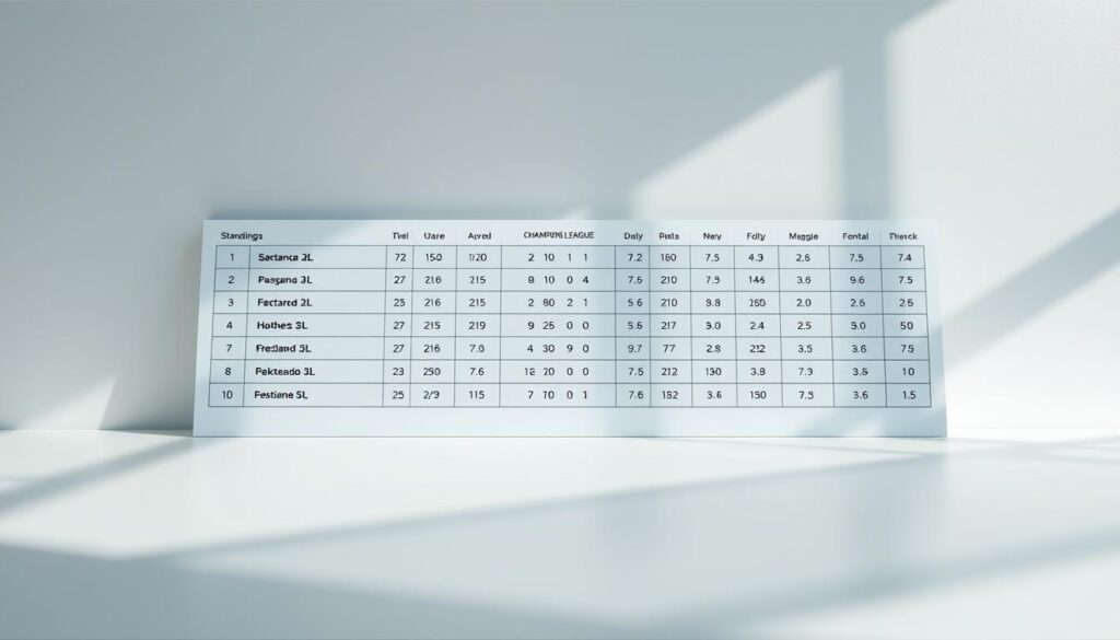 An immaculately designed table displaying the standings of the 2025/26 UEFA Champions League, captured with the precision of an iPhone 16 Pro Max. The table, set against a clean, minimalist background, features crisp, legible typography and meticulously organized data. The lighting is soft and natural, casting subtle shadows that enhance the depth and clarity of the information. The camera angle is slightly elevated, providing a comprehensive overview of the table's structure and content. The overall mood is one of professionalism and authority, befitting the prestige of Europe's premier club football competition. An immaculately designed table displaying the standings of the 2025/26 UEFA Champions League, captured with the precision of an iPhone 16 Pro Max. The table, set against a clean, minimalist background, features crisp, legible typography and meticulously organized data. The lighting is soft and natural, casting subtle shadows that enhance the depth and clarity of the information. The camera angle is slightly elevated, providing a comprehensive overview of the table's structure and content. The overall mood is one of professionalism and authority, befitting the prestige of Europe's premier club football competition.