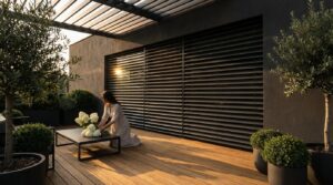 A stunning architectural wide shot of a modern contemporary terrace at golden hour
