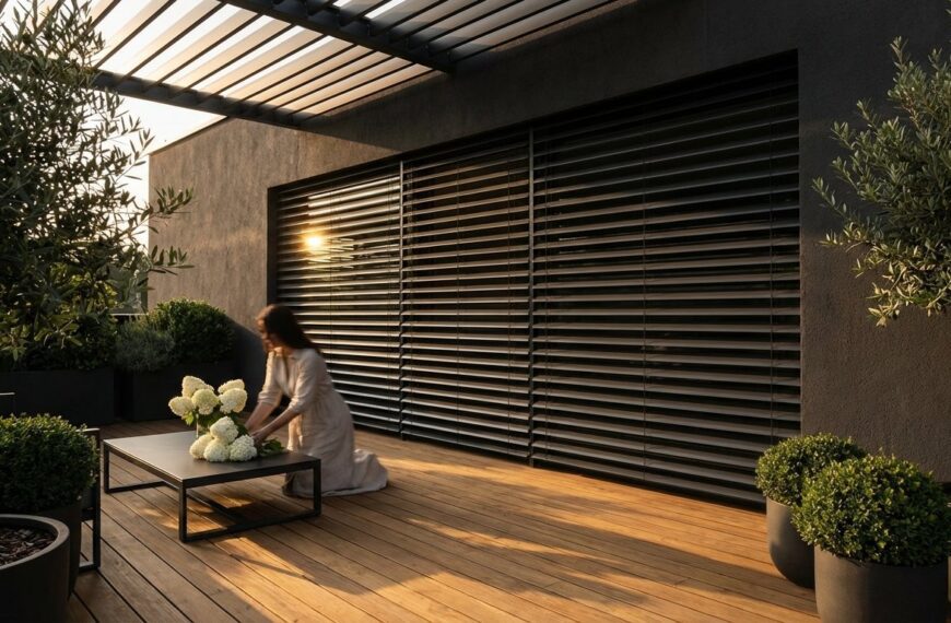A stunning architectural wide shot of a modern contemporary terrace at golden hour