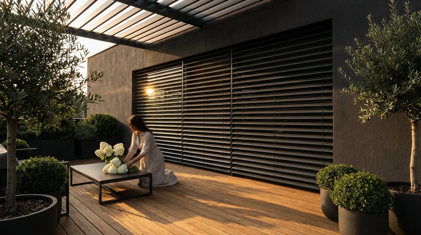 A stunning architectural wide shot of a modern contemporary terrace at golden hour