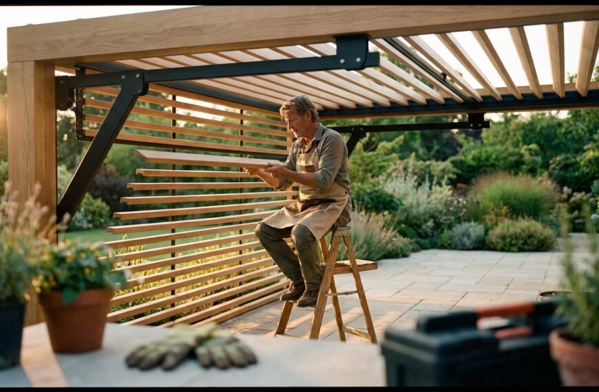 Wide shot of a focused craftsman standing on a stepladder under a modern wooden pergola