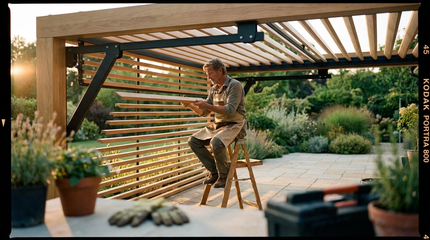 Wide shot of a focused craftsman standing on a stepladder under a modern wooden pergola