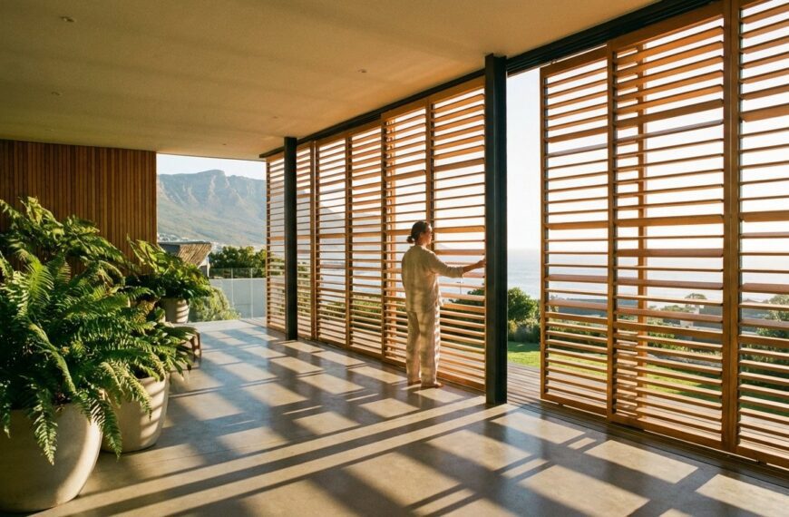 wide shot of a modern architectural terrace at golden hour