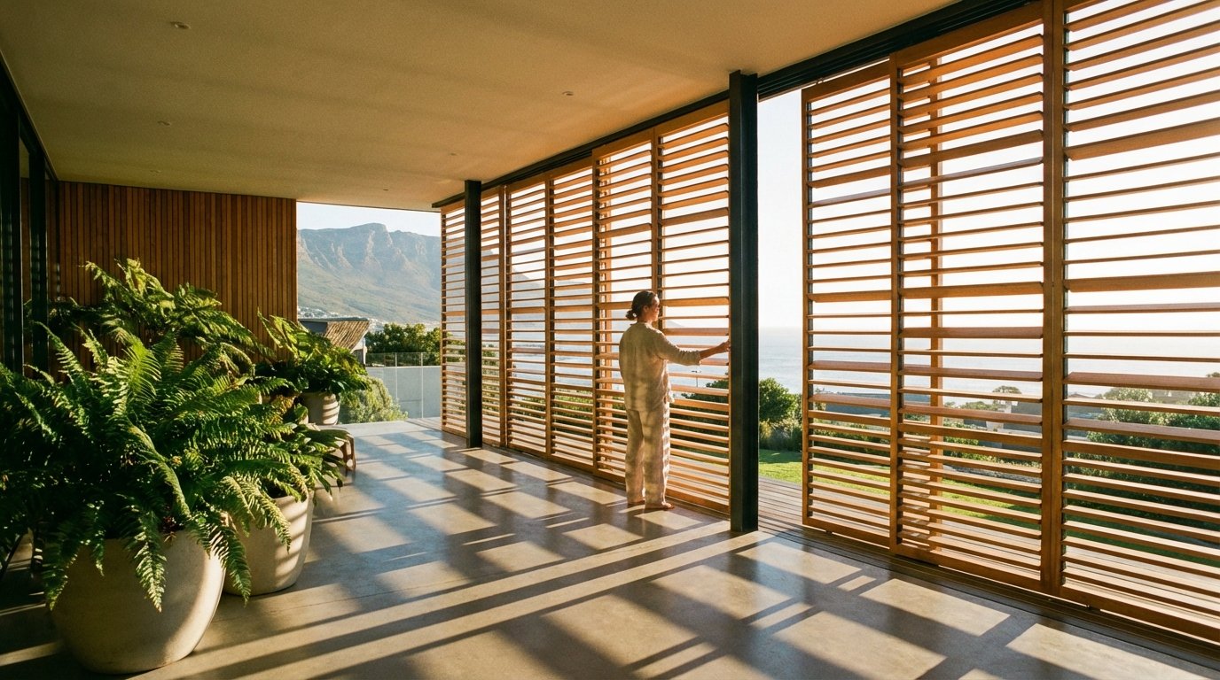 wide shot of a modern architectural terrace at golden hour
