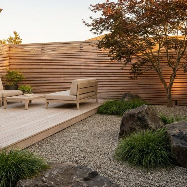 A breathtaking wide-angle shot of a serene Japandi courtyard garden at golden hour
