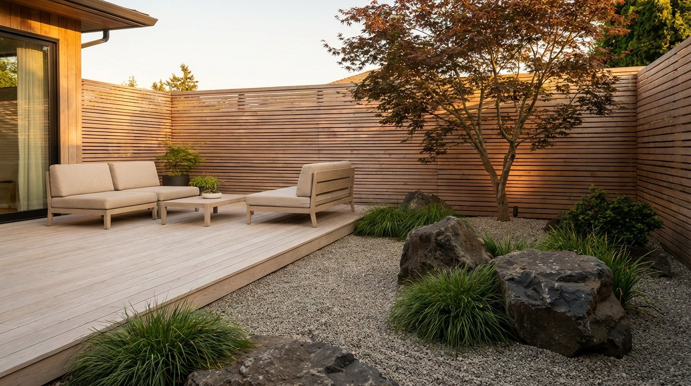 A breathtaking wide-angle shot of a serene Japandi courtyard garden at golden hour
