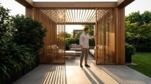 Wide-angle architectural shot of a sophisticated modern terrace featuring a pergola with a dynamic system of movable vertical wooden louvers. It is golden hour; sunlight streams through the open slats