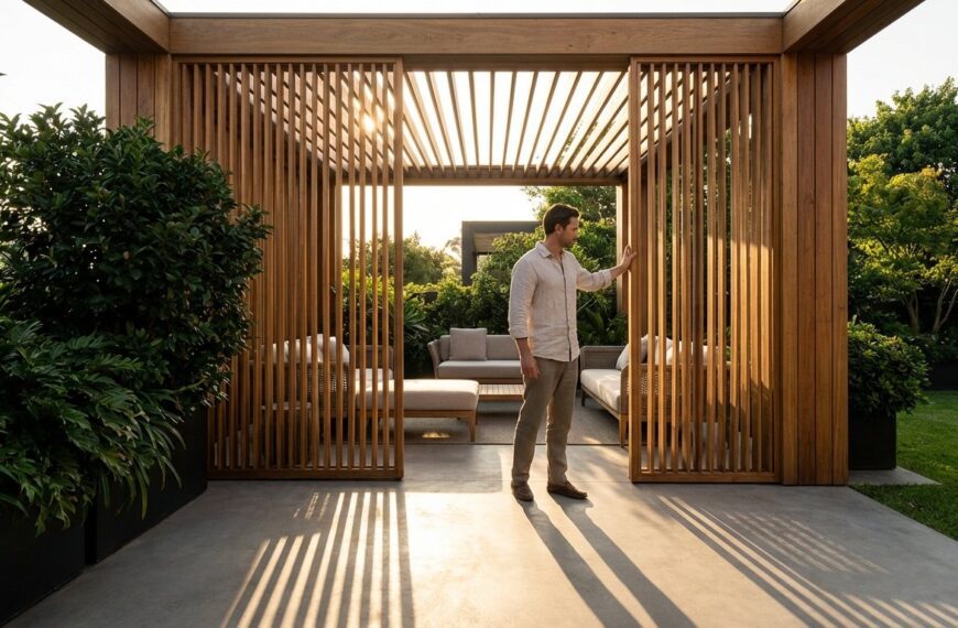 Wide-angle architectural shot of a sophisticated modern terrace featuring a pergola with a dynamic system of movable vertical wooden louvers. It is golden hour; sunlight streams through the open slats