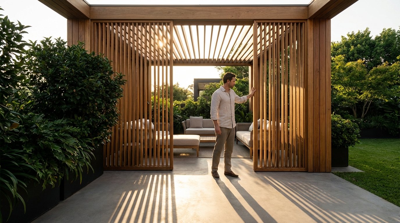 Wide-angle architectural shot of a sophisticated modern terrace featuring a pergola with a dynamic system of movable vertical wooden louvers. It is golden hour; sunlight streams through the open slats