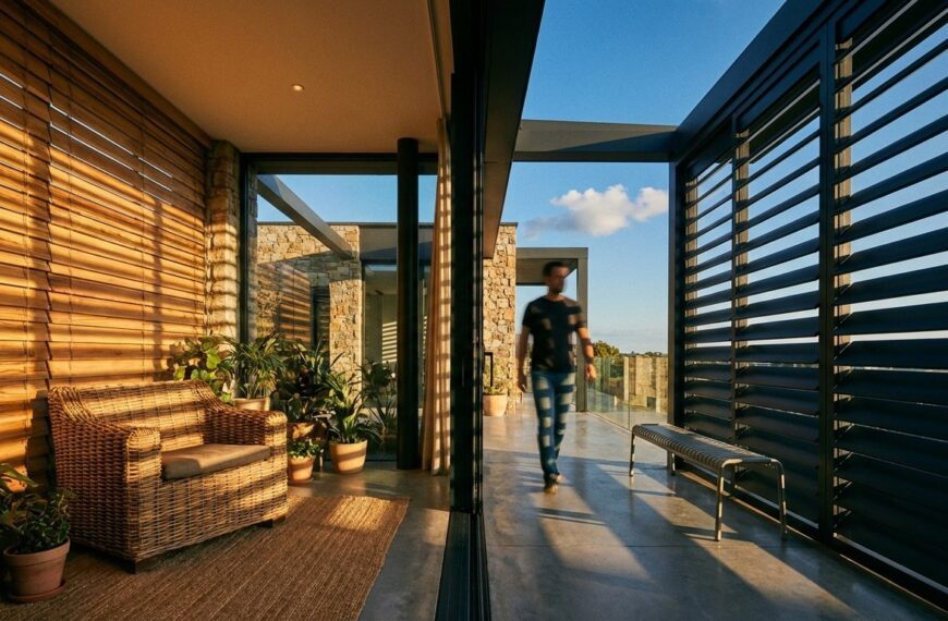 Wide architectural shot of a high-end contemporary terrace during golden hour