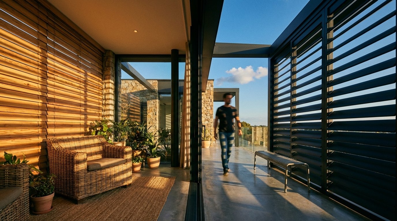 Wide architectural shot of a high-end contemporary terrace during golden hour