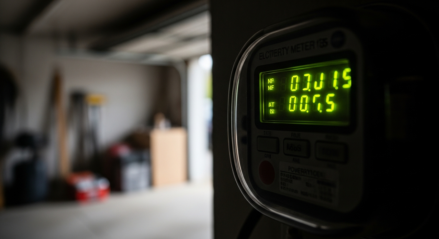 Zbliżenie na cyfrowy licznik prądu w garażu, który mierzy aktualne zużycie energii przez instalację grzewczą.
