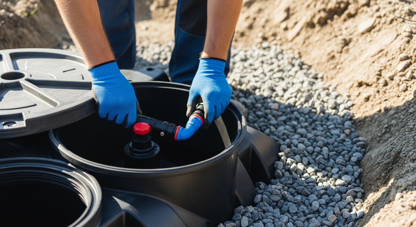 Zbliżenie na otwartą pokrywę nowoczesnego, plastikowego szamba ekologicznego osadzonego w gruncie, widać rury doprowadzające oraz warstwę żwiru wokół zbiornika na placu budowy.