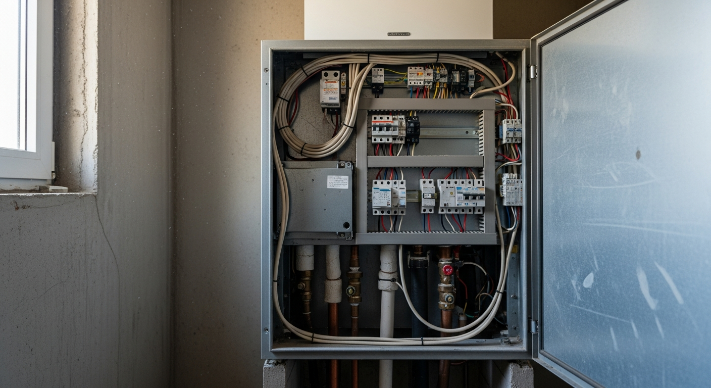 Widok z bliska na otwartą obudowę pieca elektrycznego zamontowanego na ścianie w surowym pomieszczeniu gospodarczym, widoczne przewody i instalacja.