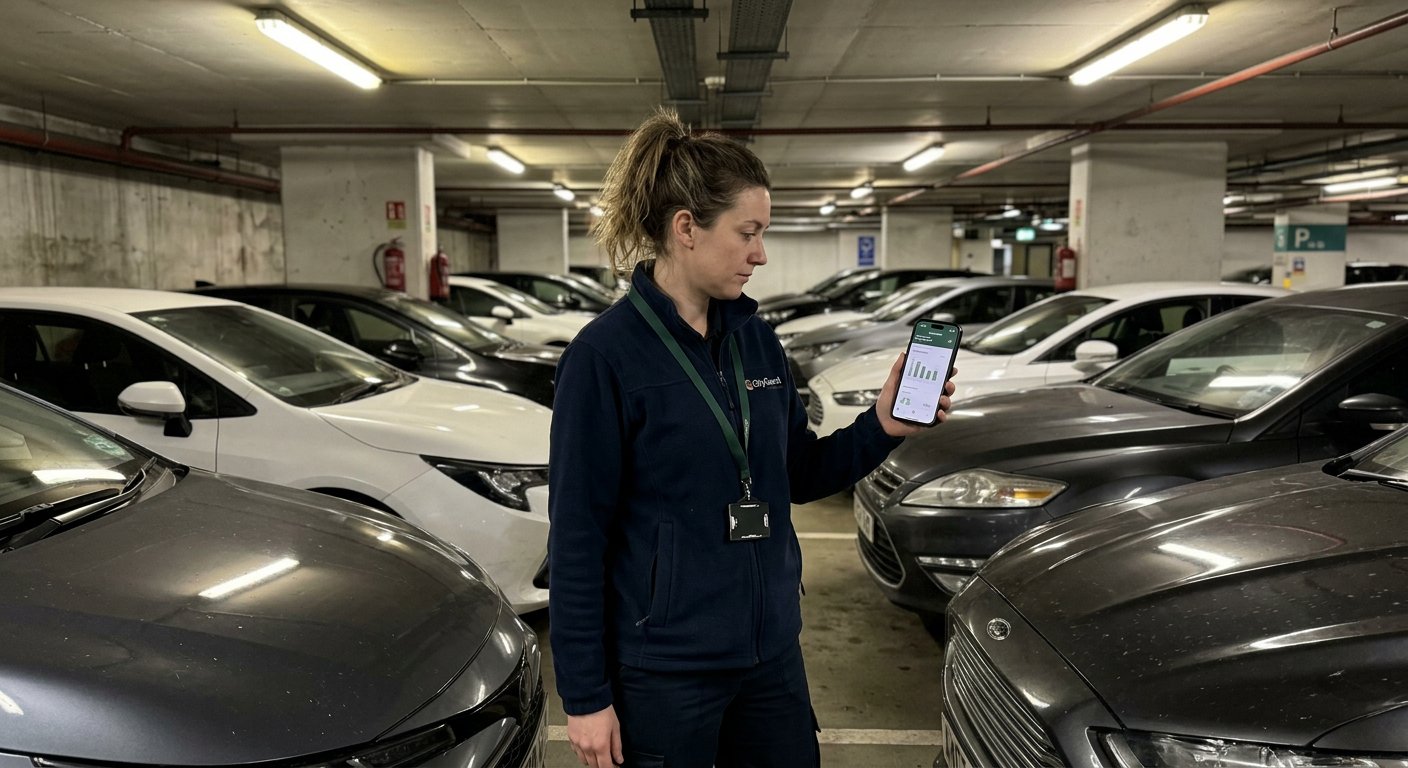 Koordynator floty samochodowej sprawdza cyfrowe raporty środowiskowe na ekranie telefonu w podziemnym parkingu pełnym firmowych pojazdów.