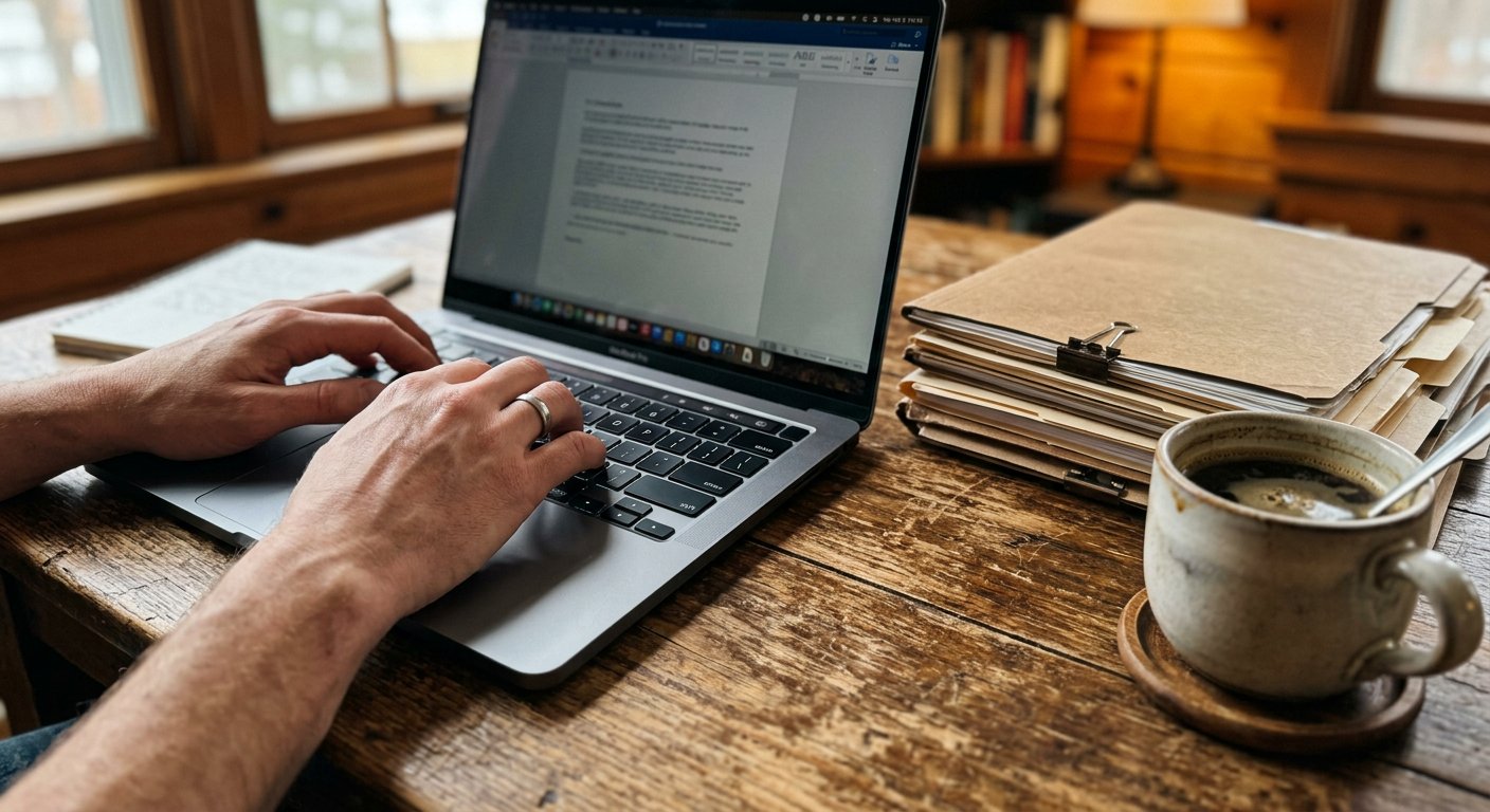 Dłonie użytkownika wprowadzające dane do formularza elektronicznego na ekranie laptopa.