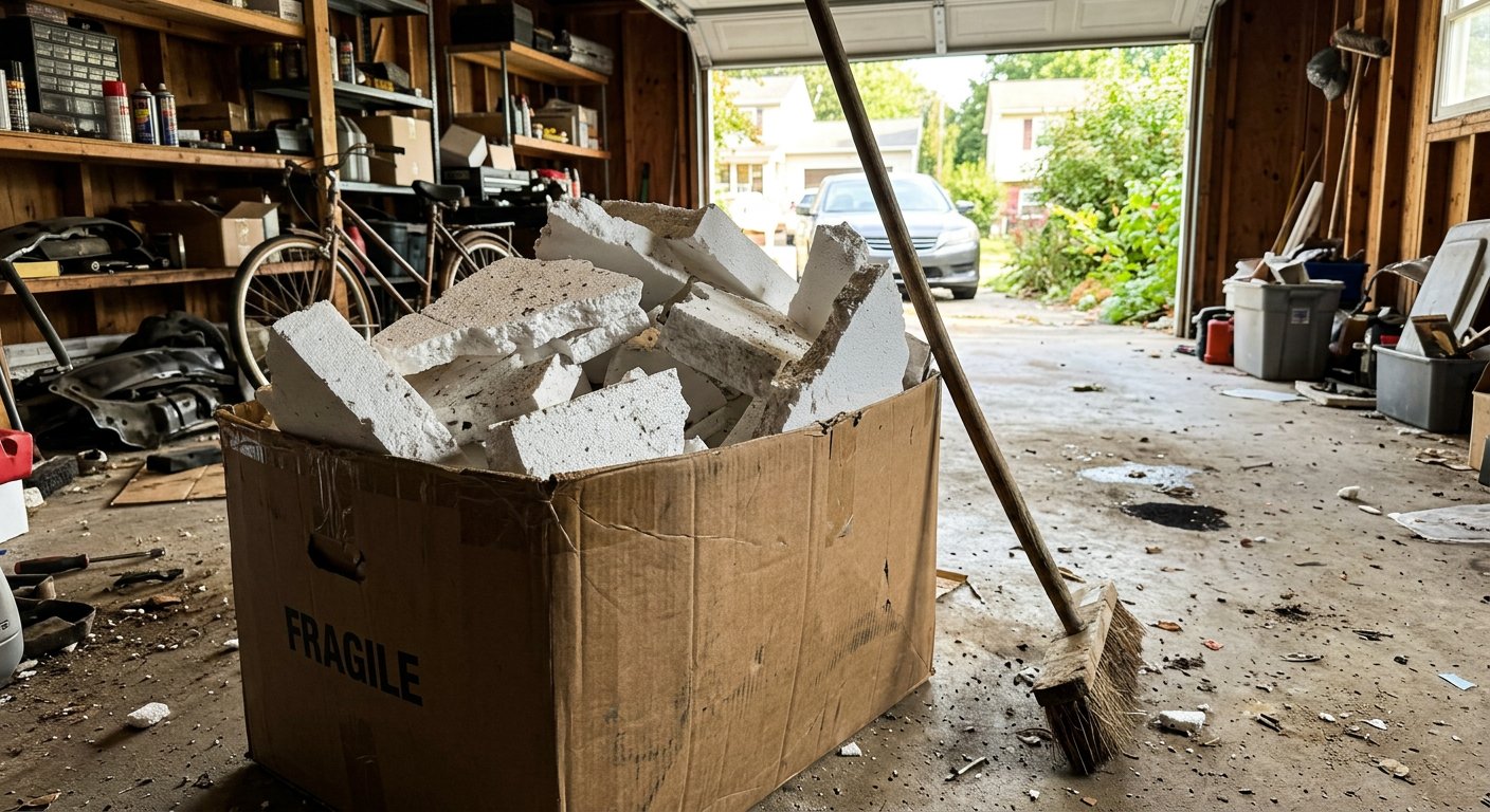 Wypełniony kawałkami styropianu karton stoi w kącie garażu w bliska sąsiedztwie domowych narzędzi.