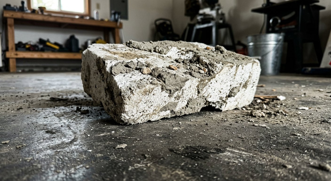 Brudny kawałek styropianu budowlanego ze śladami zaprawy leży na szarej posadzce w przydomowym garażu.